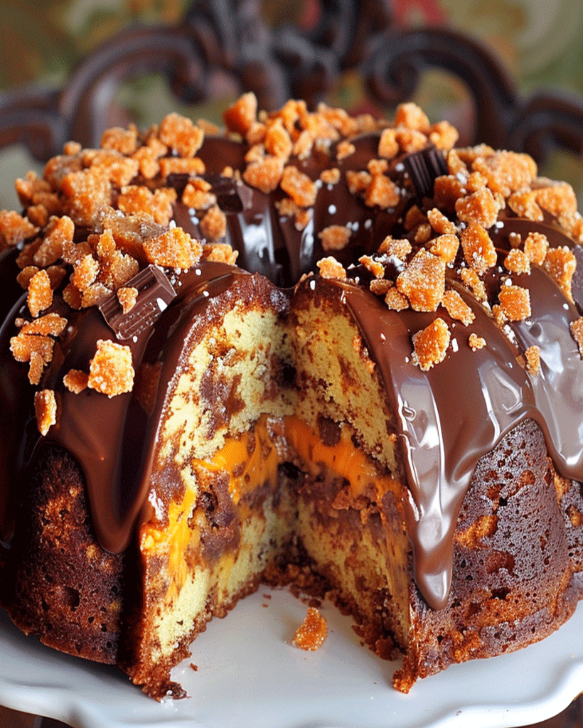 Dekadenter Butterfinger Bundt Kuchen mit Schokoladensoße