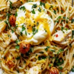 Hähnchen-Spaghetti mit Burrata und Zitronen-Knoblauchsoße
