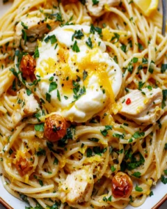 Hähnchen-Spaghetti mit Burrata und Zitronen-Knoblauchsoße