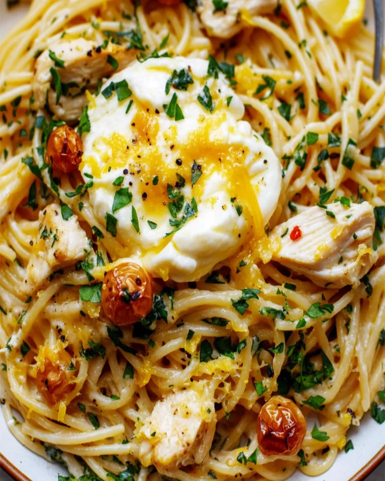 Hähnchen-Spaghetti mit Burrata und Zitronen-Knoblauchsoße