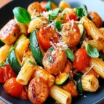 Hähnchenbratwürste mit Zucchini Tomaten und Pasta