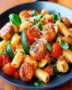 Hähnchenbratwürste mit Zucchini Tomaten und Pasta