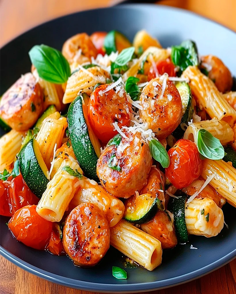 Hähnchenbratwürste mit Zucchini Tomaten und Pasta