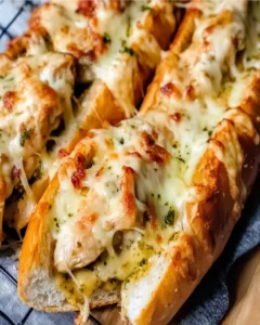 Käse-Pesto-Hühnchen mit Knoblauchbaguette