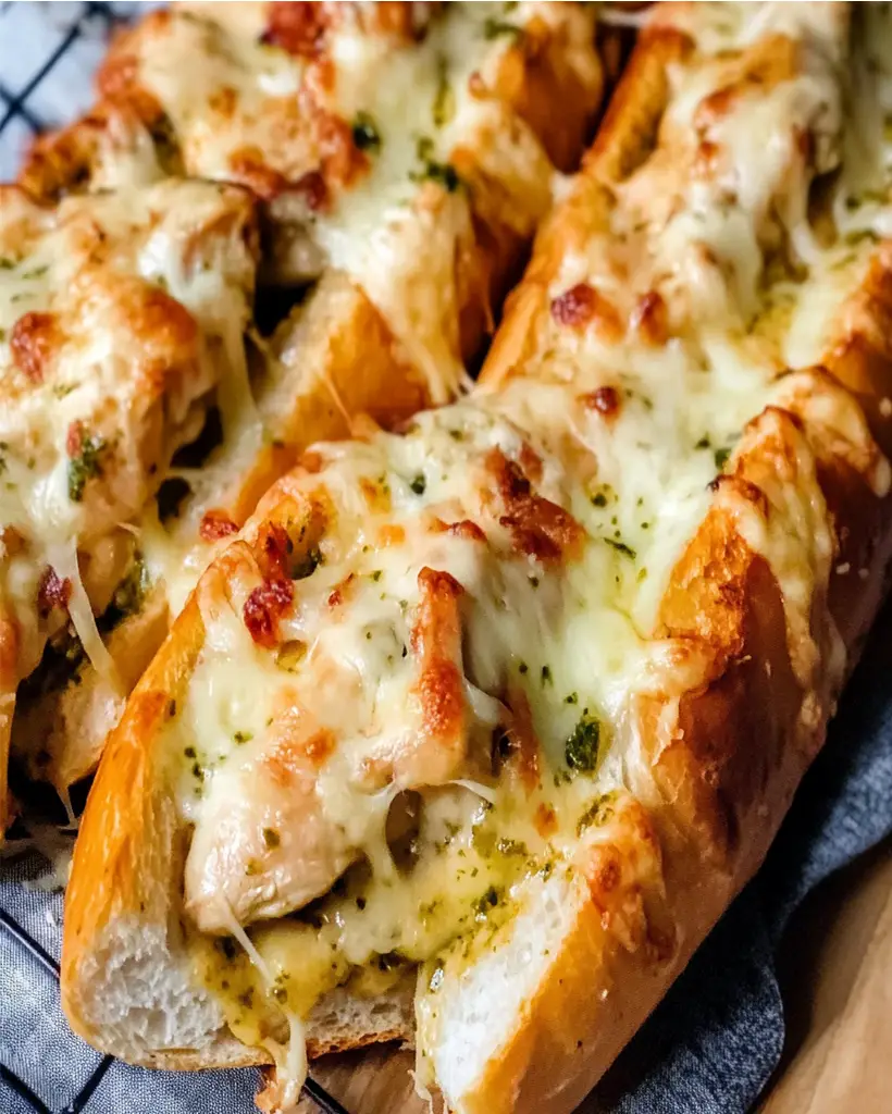 Käse-Pesto-Hühnchen mit Knoblauchbaguette