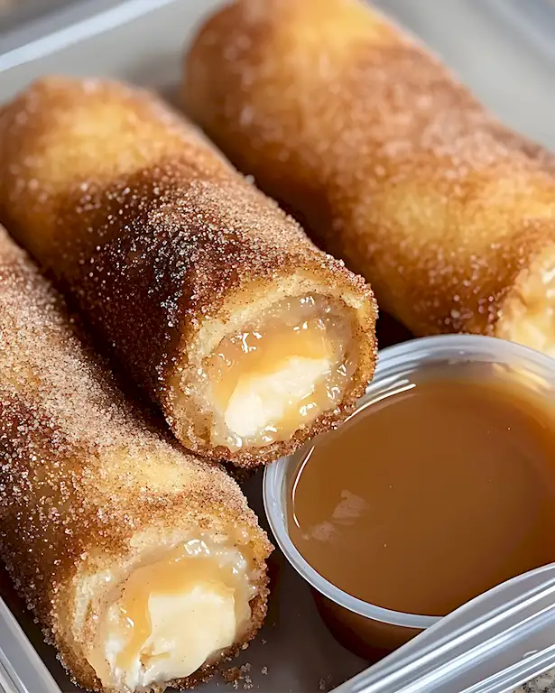 Knusprige Cheesecake-Röllchen mit Karamellsauce