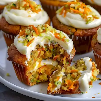 Saftige Karotten Apfel Zucchini Muffins mit Frischkäse-Frosting