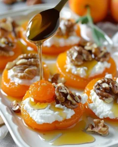 Aprikosen mit Ziegenkäse, Honig und Walnüssen auf einem Teller angerichtet