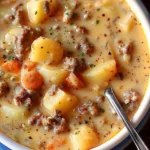 Cremige Kartoffel- und Hamburger-Suppe in einer Schüssel serviert