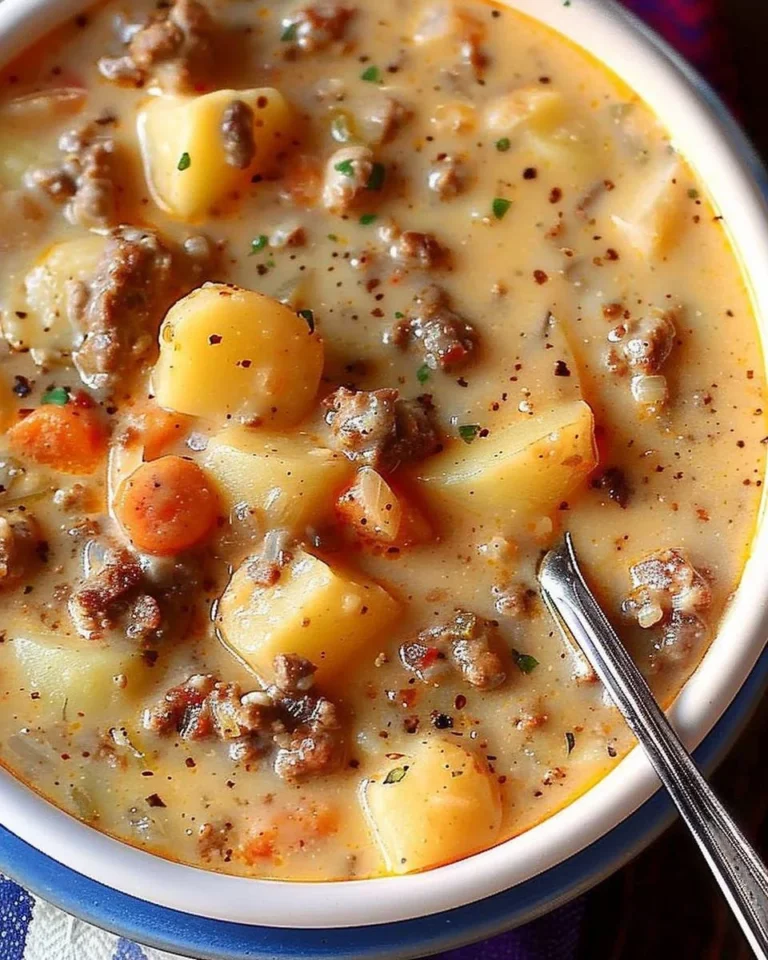 Cremige Kartoffel- und Hamburger-Suppe in einer Schüssel serviert