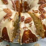 Southern Butter Pecan Pound Kuchen auf einem Tisch, dekoriert mit Nüssen.