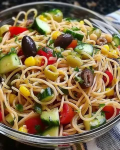 Erfrischender California Spaghetti-Salat mit buntem Gemüse und Dressing