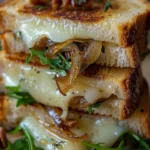 Französischer Grillkäse mit Brie, Walnüssen und karamellisierten Zwiebeln auf Rucola.