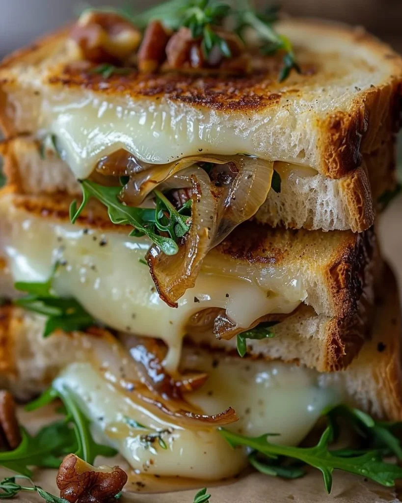 Französischer Grillkäse mit Brie, Walnüssen, karamellisierten Zwiebeln und Rucola