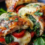 Gefülltes Hähnchen mit roten Paprika, Spinat und Mozzarella auf einem Teller