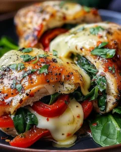 Gefülltes Hähnchen mit roten Paprika, Spinat und Mozzarella auf einem Teller