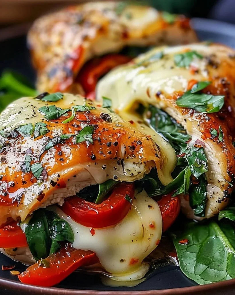 Gefülltes Hähnchen mit roten Paprika, Spinat und Mozzarella