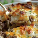 Leckere Hamburger und Kartoffelauflauf auf einem Teller serviert