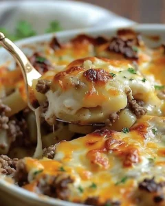 Leckere Hamburger und Kartoffelauflauf auf einem Teller serviert