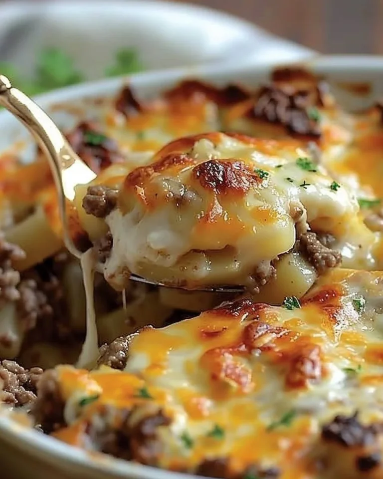 Leckere Hamburger und Kartoffelauflauf auf einem Teller serviert
