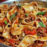 Italienische betrunkene Nudeln in einer schmackhaften Sauce serviert.