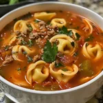 Schüssel mit italienischer Tortellini-Suppe, frisch zubereitet und serviert.