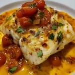 Kabeljau in Zitronen-Butter-Tomaten-Sauce serviert