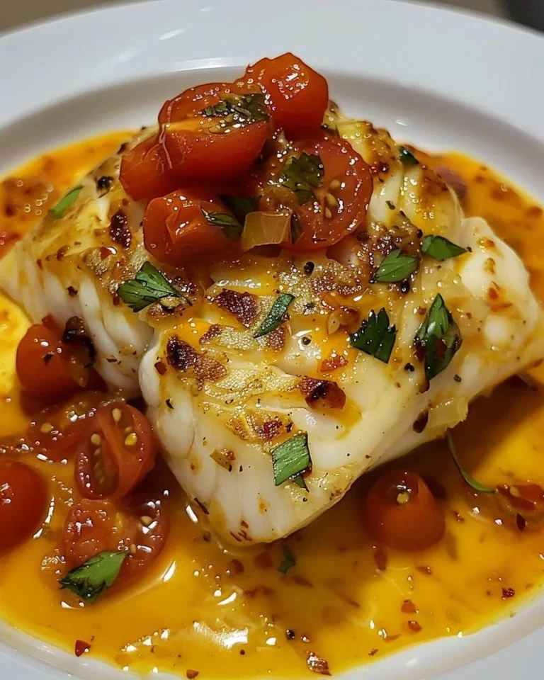 Kabeljau in Zitronen-Butter-Tomaten-Sauce serviert