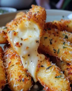 Klebrige Mozzarella-Sticks auf einem Teller serviert, perfekt zum Snack.