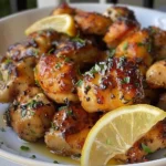 Knoblauch-Zitronen-Hühnchenbissen auf einem Teller serviert.