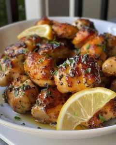 Knoblauch-Zitronen-Hühnchenbissen auf einem Teller serviert.