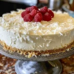 Leckeres Kokos-Cheesecake auf einem Teller mit Kokosraspeln dekoriert.