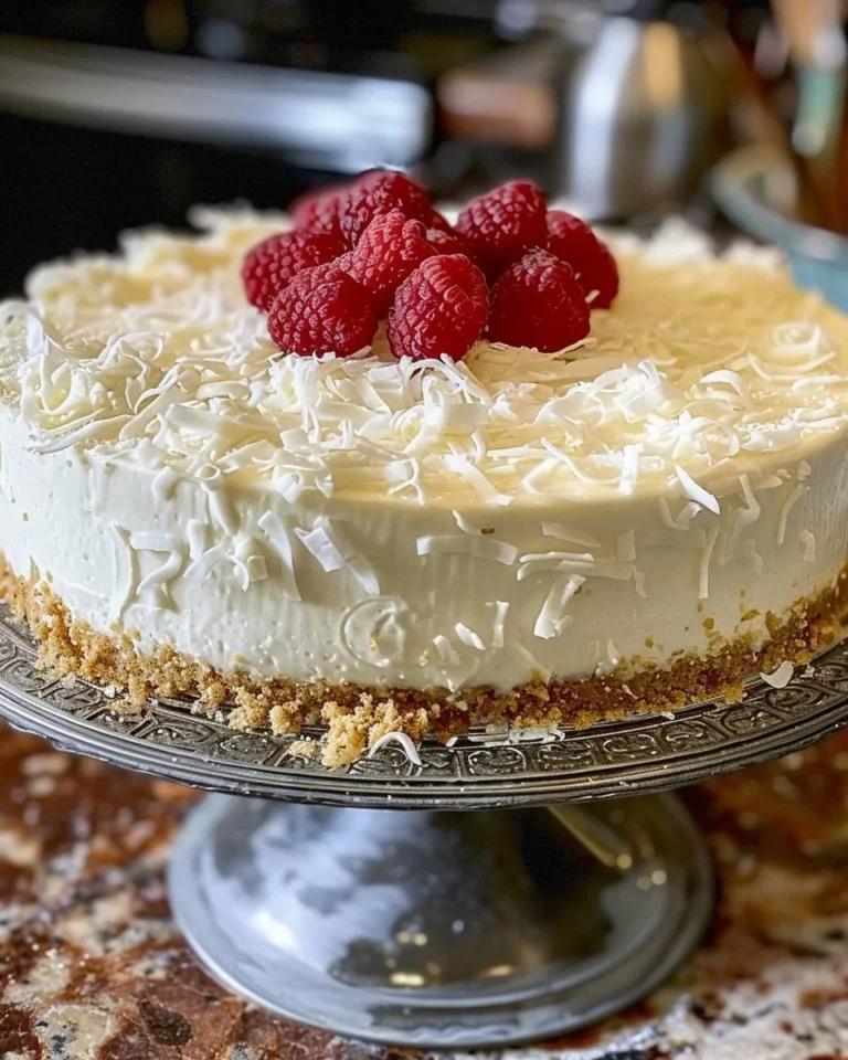 Leckeres Kokos-Cheesecake auf einem Teller mit Kokosraspeln dekoriert.