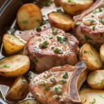 Leckere Crockpot Ranch-Schweinekoteletts mit Kartoffeln auf einem weißen Teller