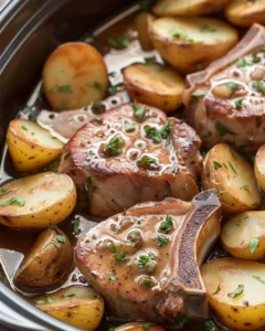 Leckere Crockpot Ranch-Schweinekoteletts mit Kartoffeln auf einem weißen Teller
