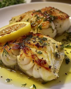 Gebackener Kabeljau mit Limonen, serviert auf einem Teller
