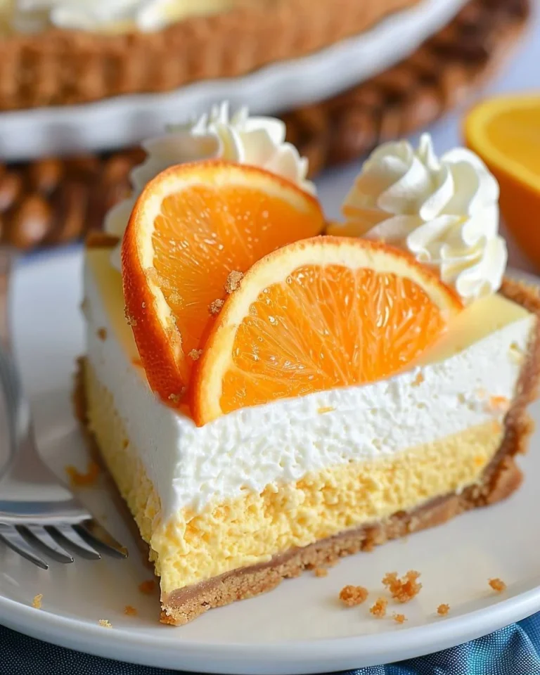No-Bake Orange Creamsicle Käsekuchen auf einem weißen Teller