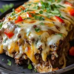 Philly Cheesesteak Fleischlaib mit Käse und Paprika auf einem Teller