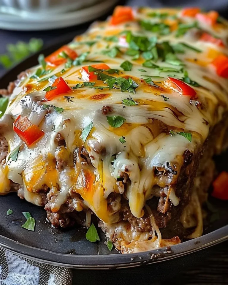 Philly Cheesesteak Fleischlaib mit Käse und Paprika auf einem Teller