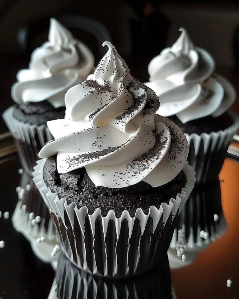 Schwarze Samt-Marshmallow-Cupcakes auf einem Tisch angerichtet