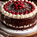 Schwarzwälder Kirschtorte mit Kirschen, Schokolade und Sahne auf einem Teller