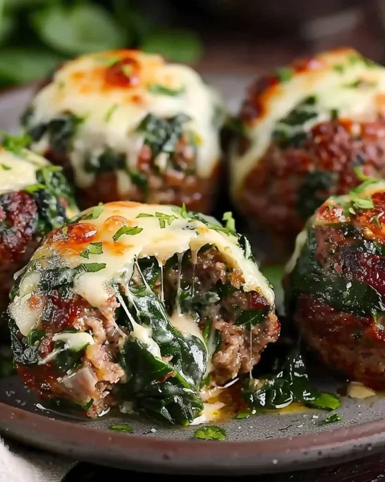 Spinat-Knoblauch-Fleischbällchen mit geschmolzenem Mozzarella gefüllt