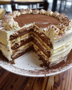 Tiramisu Kuchen mit Schichten von Mascarpone und Espresso
