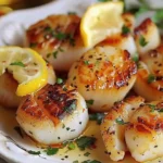 Überbackene Jakobsmuscheln mit Käse überkrustet auf einem Teller angerichtet