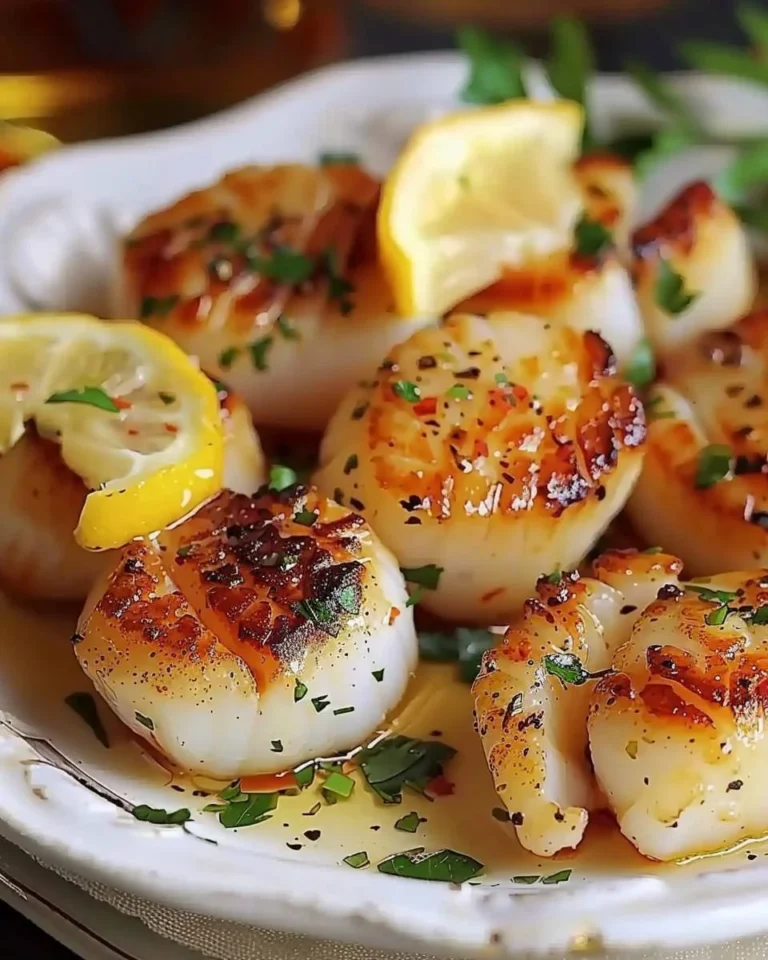 Überbackene Jakobsmuscheln mit Käse überkrustet auf einem Teller angerichtet