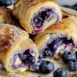 Süße Blaubeer-Käsekuchen-Rollen auf einem Teller, dekoriert mit frischen Blaubeeren.