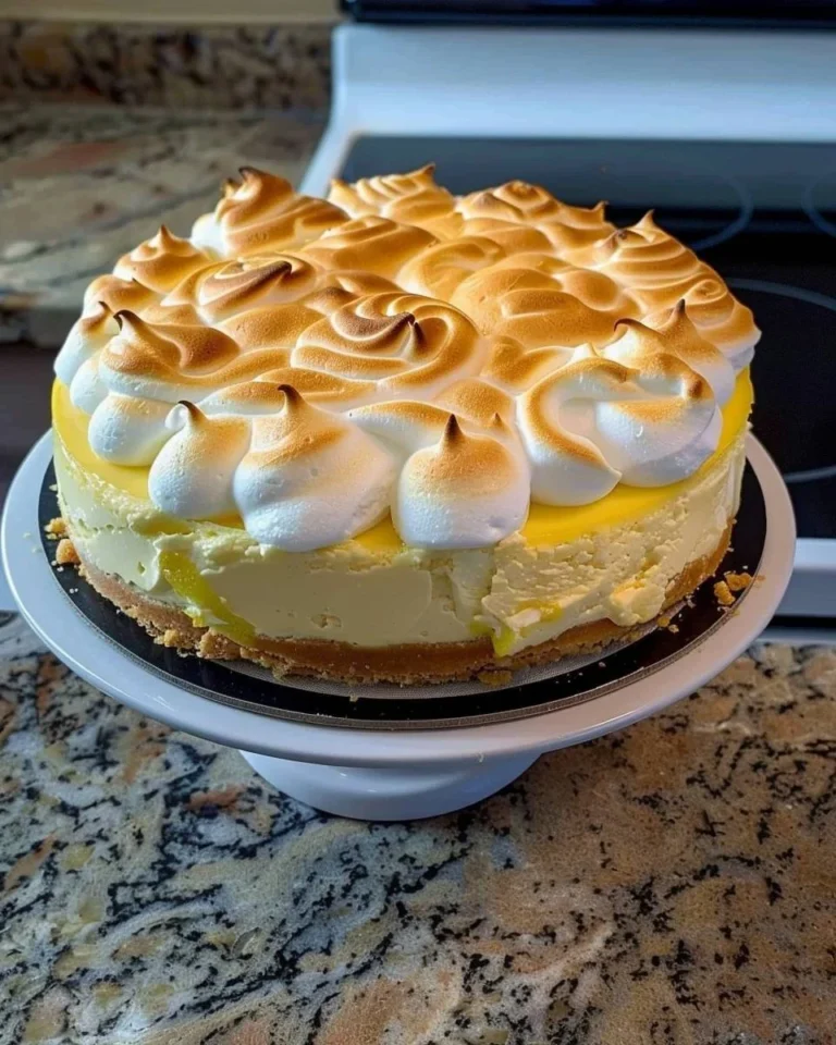 Zitronenmeringue-Käsekuchen mit frischem Zuckerguss und Zitronenscheiben