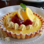 Leckere Zitronentarte auf einem Teller mit Zitronenscheiben dekoriert