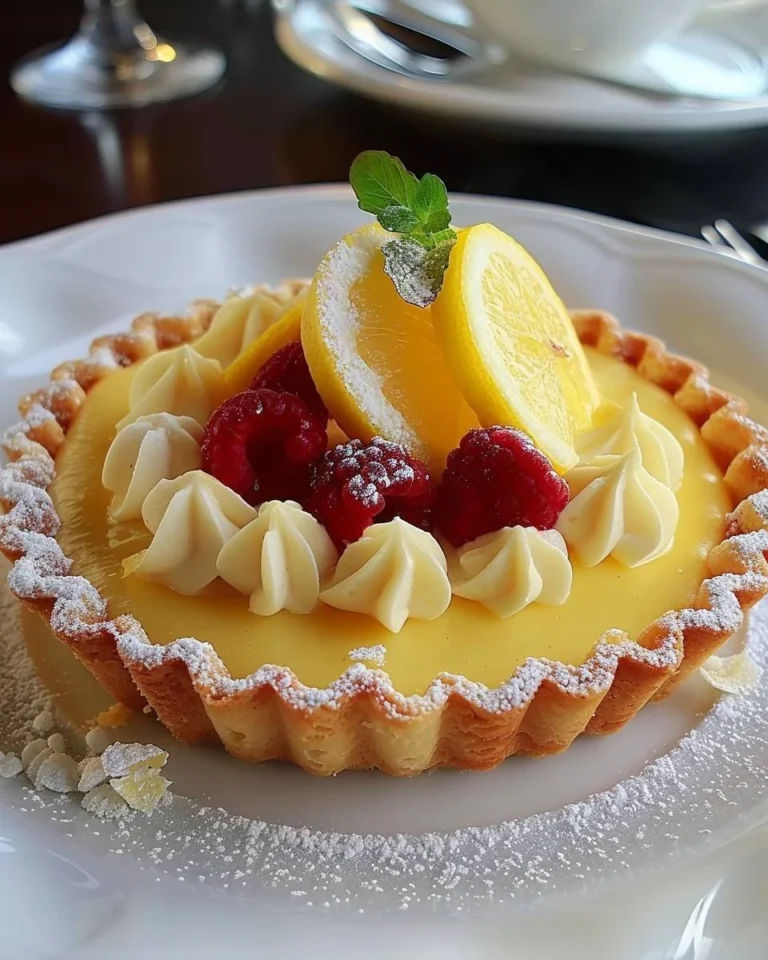 Leckere Zitronentarte auf einem Teller mit Zitronenscheiben dekoriert