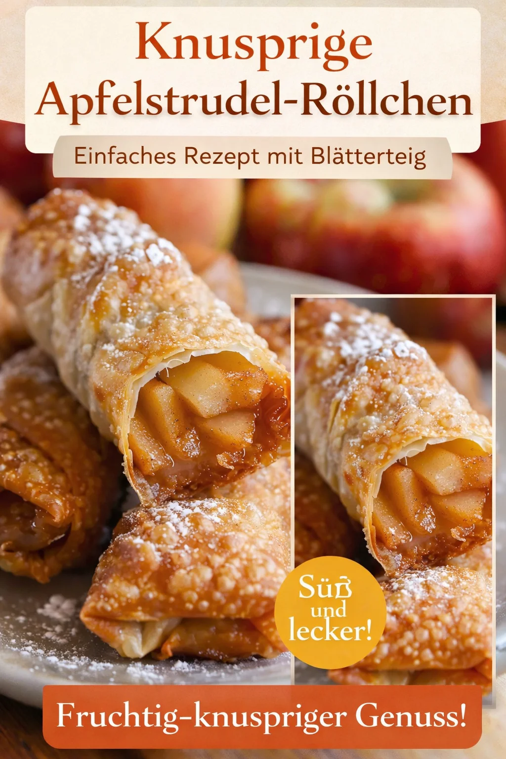 Apfel-Frühlingsrollen – Ein süßer Genuss, den du lieben wirst! - Hast du Lust auf etwas Besonderes? Probiere unsere Apfel-Frühlingsrollen, die süß und knusprig sind! Perfekt für jeden Anlass und ganz einfach selbst zu machen. Lass dich von diesem einzigartigen Geschmackserlebnis überraschen und serviere sie warm, um jeden zu begeistern! Du wirst nie wieder zu einem normalen Nachtisch zurückkehren wollen. Probiere es aus und teile dein Ergebnis! #ApfelFrühlingsrollen #Süßes #Lecker